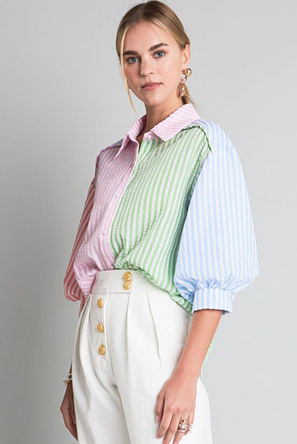 Pink Stripe Color Block Balloon Sleeve Buttoned Loose Fit Shirt