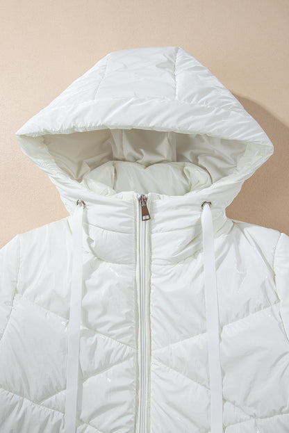 White Solid Quilted Hooded Zip Up Puffer Coat