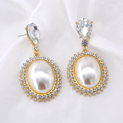 Asymmetric Big Oval Pearl Crystal Long Drop Earrings White Imitation Pearl Dangle Earrings Women's Brinco Elegant Gift