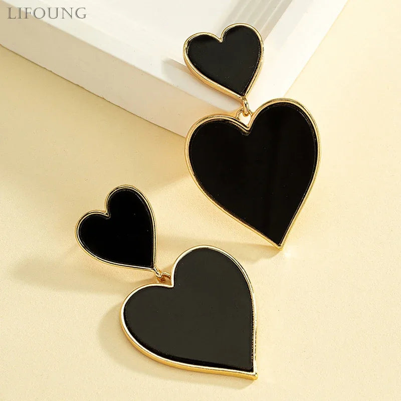 Black Resin Large Metal Heart Dangle Post Earrings For Women Heavy Statement Fashion Jewelry Love Party Accessories Gift 2023512