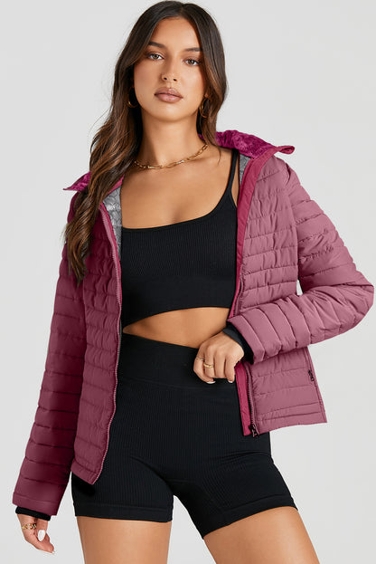 Burgundy Solid Color Quilted Zip-up Puffer Jacket