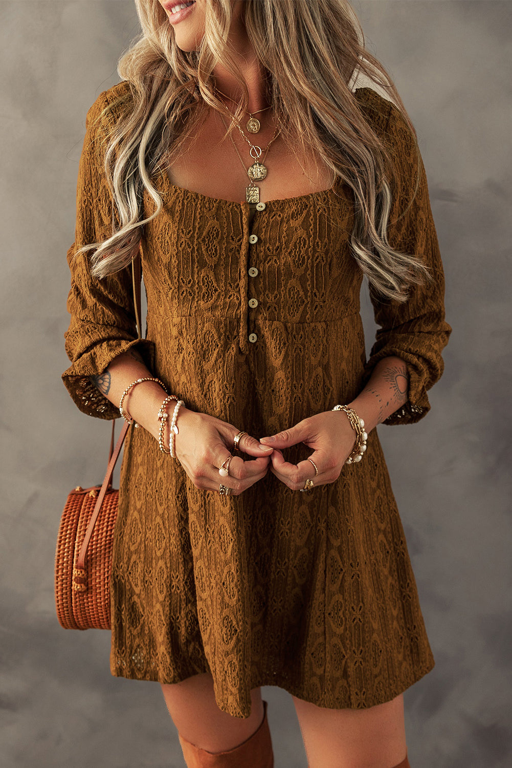 Chestnut Lace Crochet Buttoned Square Neck Shift Mini Dress