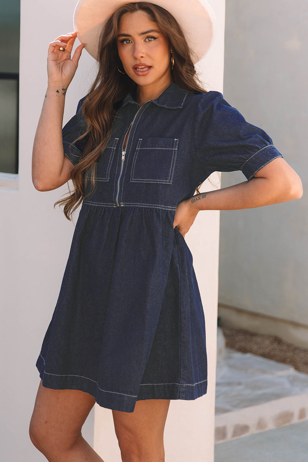 Dirty blue Zipped up Bodice Collared Short Puff Sleeve Denim Dress