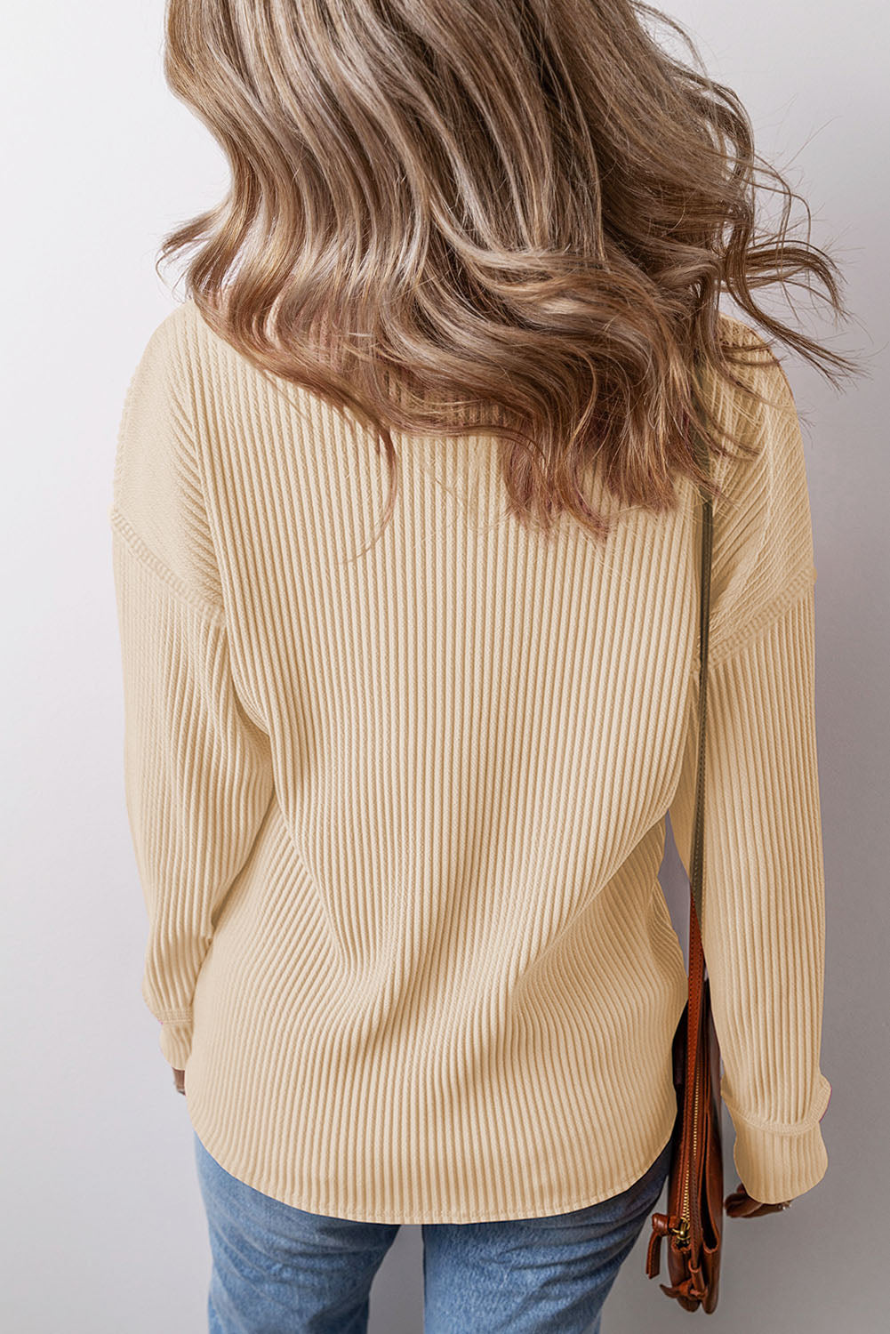 Apricot Solid Color Corded Drop Shoulder Long Sleeve Top