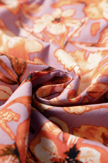 Orange Floral Print Ruffled Flutter Sleeve Frilled V Neck Blouse