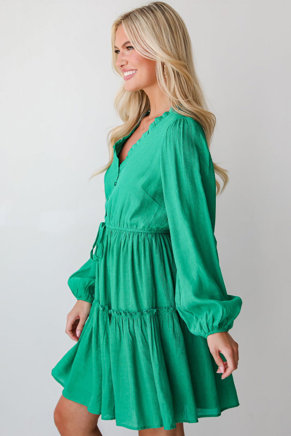 Sea Green Frilly V Neck Puff Sleeve Drawstring Shift Mini Dress