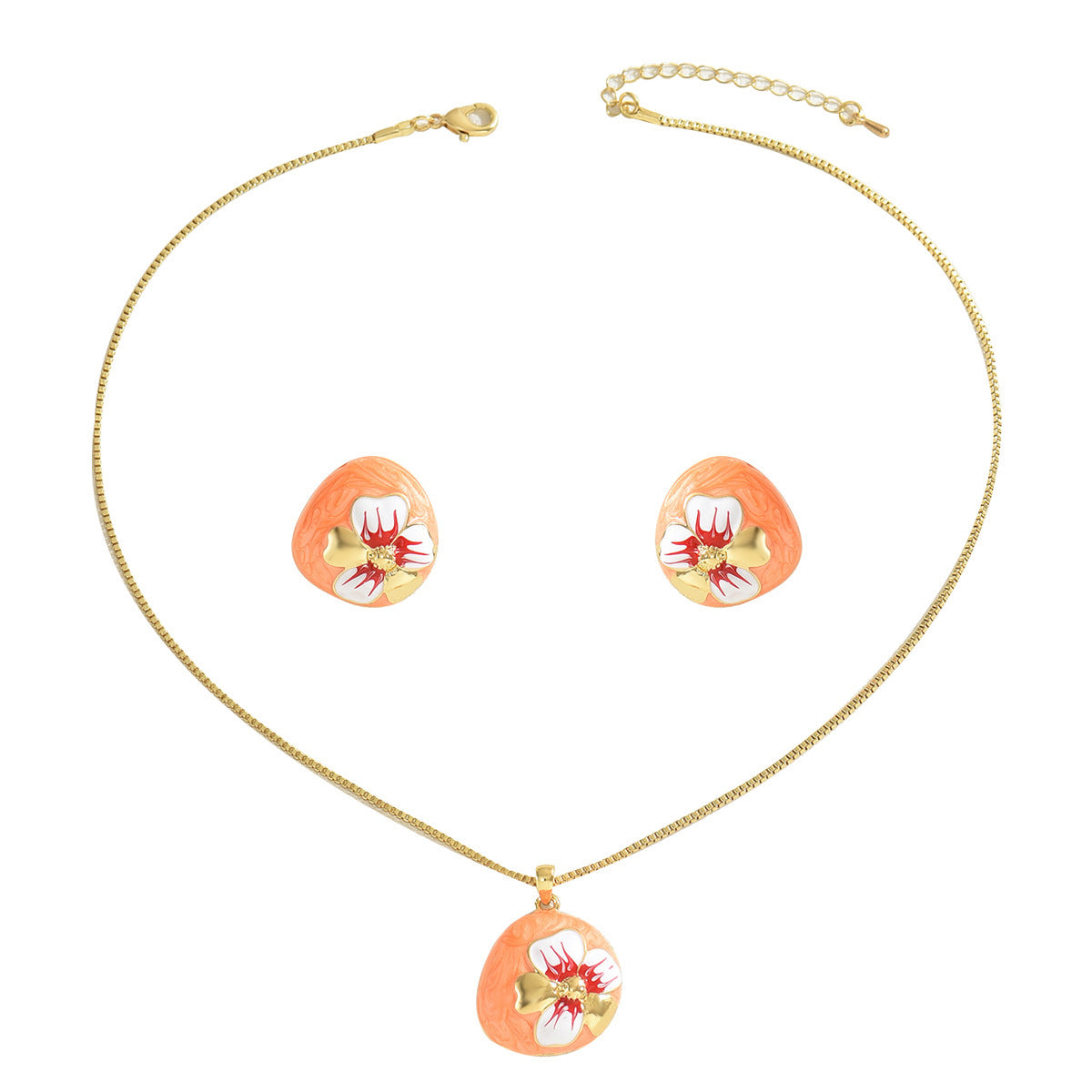 Necklace And Earrings Suite Women's Oil-coated Flower Design