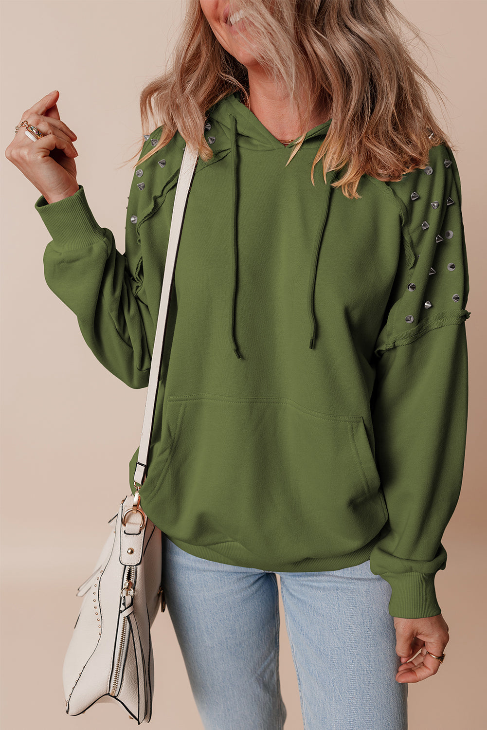 Vineyard Green Solid Color Rivet Stud Raglan Sleeve Hoodie with Pocket