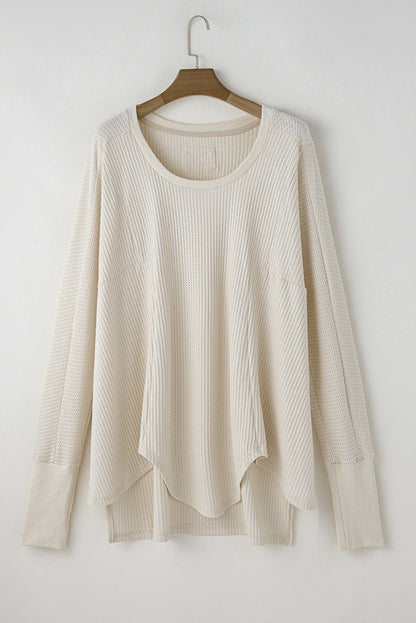 White Waffle Knit Exposed Seam V Neck Oversized Top