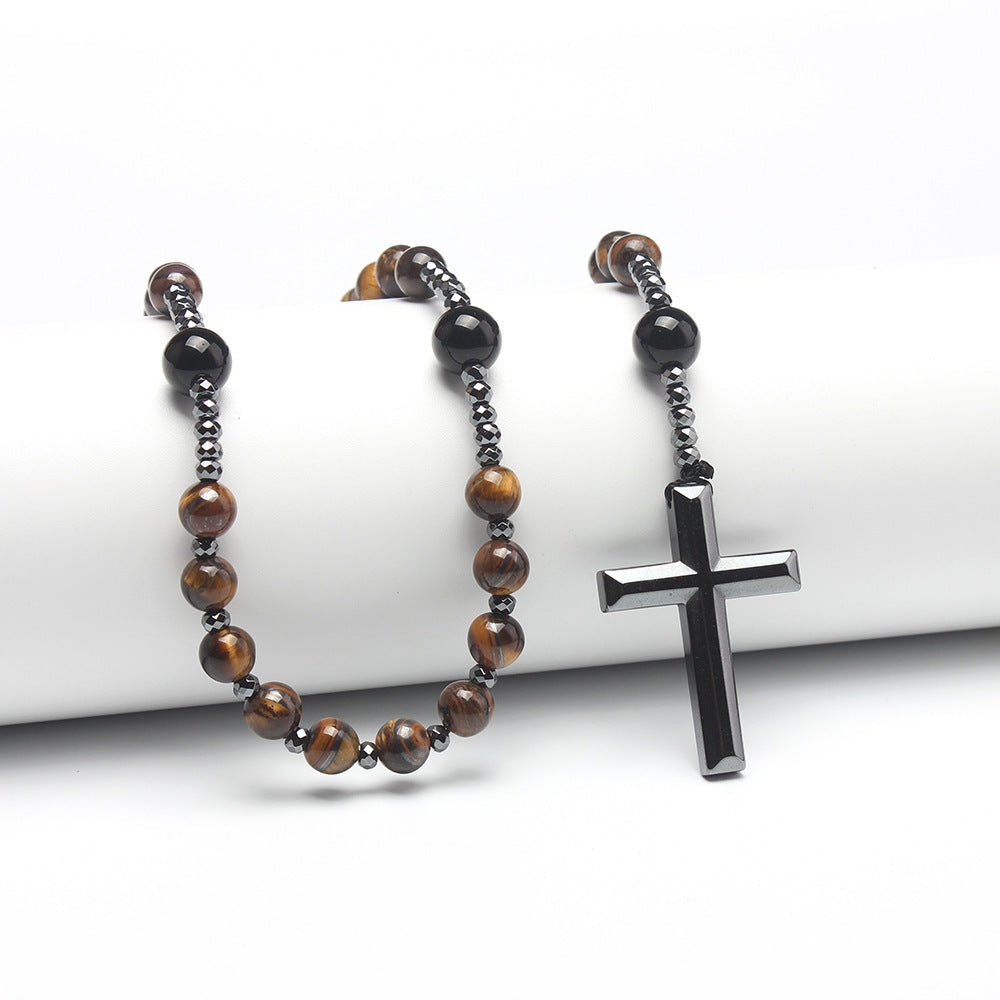 Natural Round Beads Long Chain Haematite Cross Beads Men's Necklace