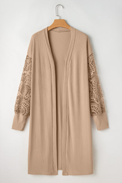 Parchment Lace Patchwork Ribbed Knit Open Front Duster Cardigan