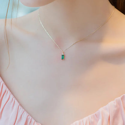 925 Sterling Silver 14K Gold Plated Emerald Green  Mini Rectangle Zircon Necklace Female Korean Style Pendant Necklace