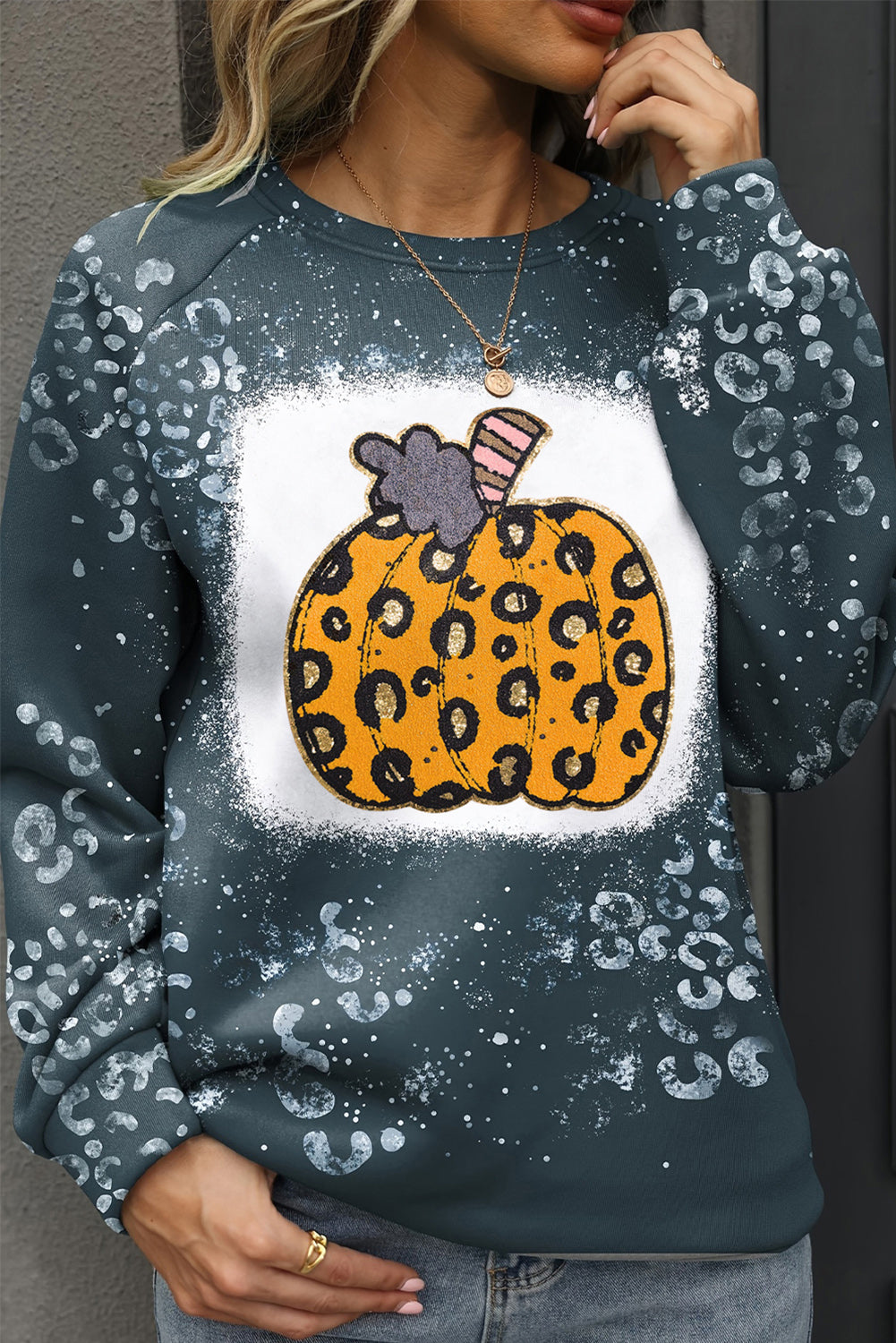 Blue Leopard Pumpkin Ink Plash Printed Halloween Sweatshirt