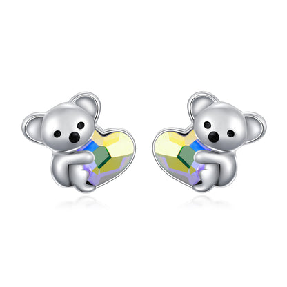 925 Sterling Silver Koala Bear Cute Animal Hypoallergenic Heart Crystal Earrings Jewellery