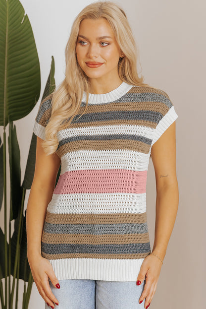 Pink Stripe Color Block Eyelet Knit Short Sleeve Sweater Tee