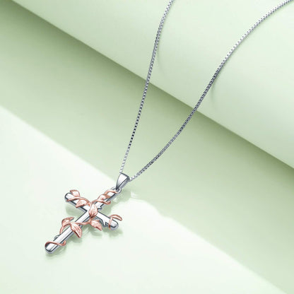 Sterling Silver Rose Flower Cross Pendant Necklace Jewelry Gifts