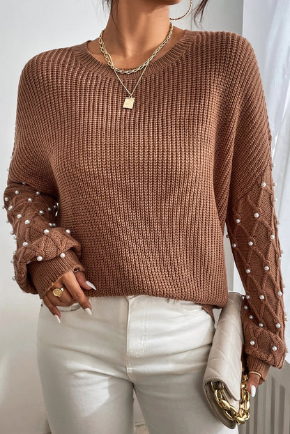 Chestnut Beaded Drop Shoulder Round Neck Sweater