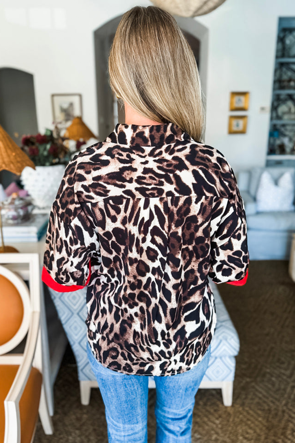 Dark Brown Contrast Trim Patchwork Leopard Print Half Sleeve Shirt