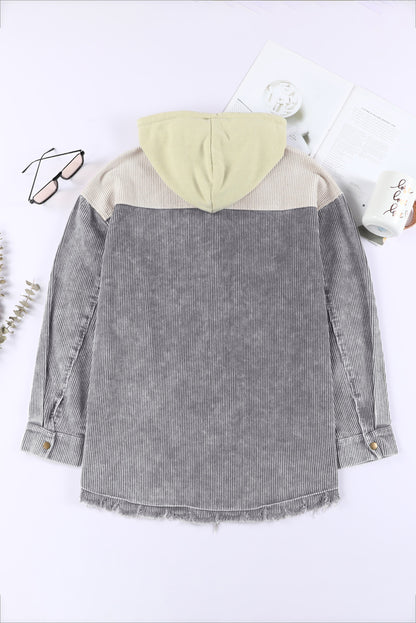 Gray Color Block Button Down Hooded Corduroy Jacket