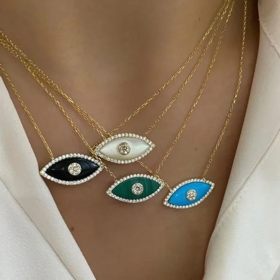 Charm Multi Colored Natural Stones Evil Eye Pendant Necklace for Women Stainless Steel Anti Allergic Opal Zircon Choker Jewelry