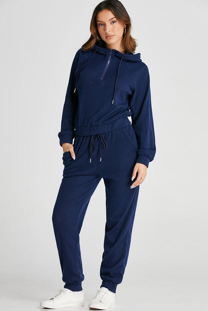 Navy Blue Ribbed Knit Cropped Hoodie and Drawstring Joggers Set