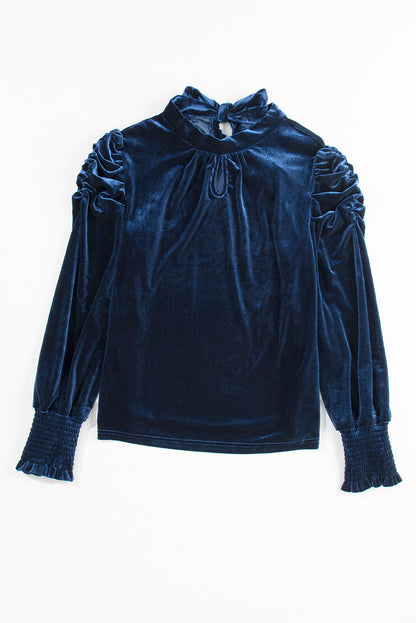 Navy Blue Mock Neck Puff Sleeve Velvet Blouse