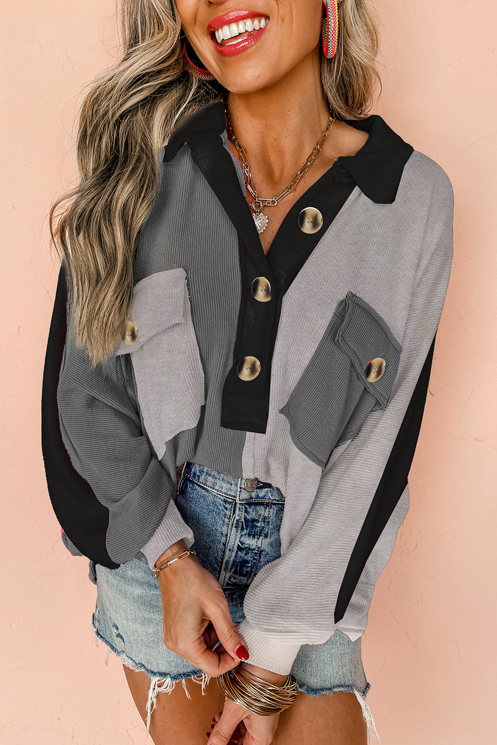 Gray Colorblock Ribbed Collared Oversized Sweatshirt