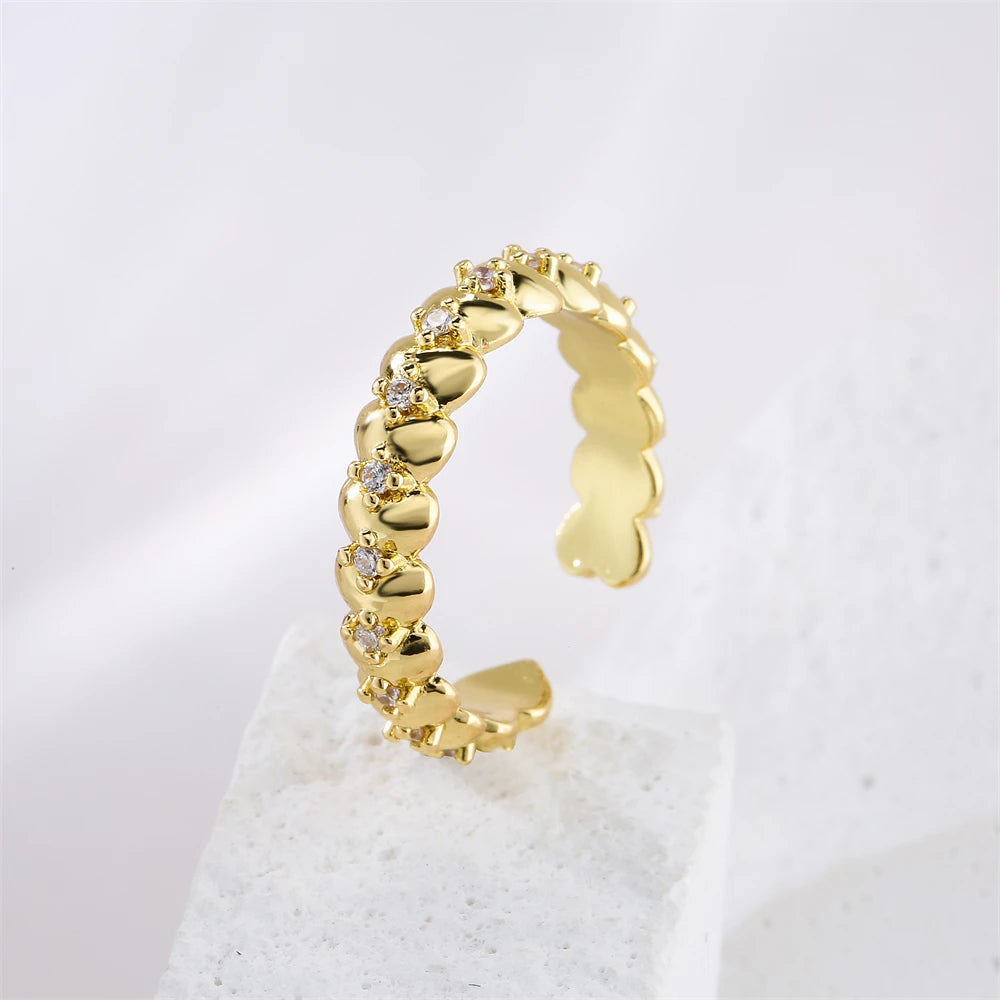 Gold Color Copper Wedding Jewelry Female Luxury Open Design Finger Ring Adjustable