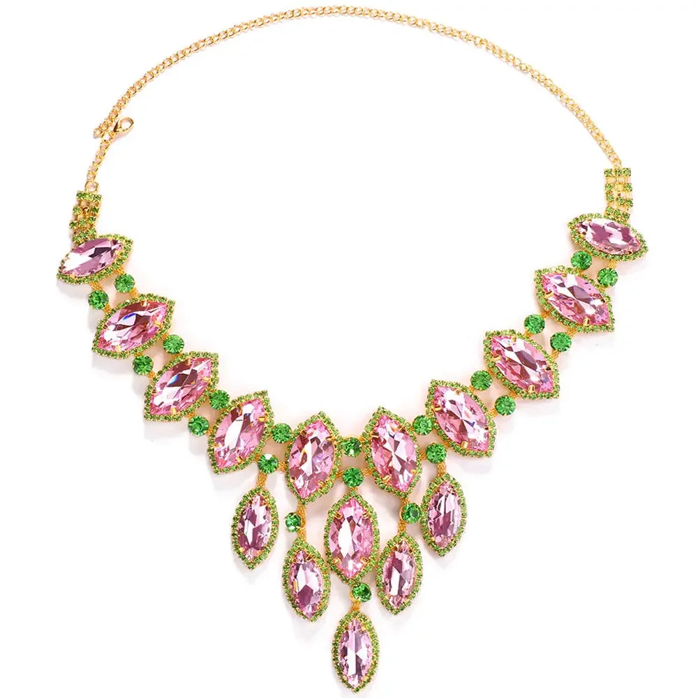 Exaggerated Geometric Pink and Green Rhinestone Necklace for Women Fashion Big Choker Necklace for Gift Drag Queen Jewelry