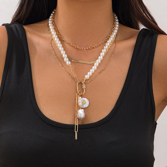 Fashionable multi-layer irregular pearl necklace, casual style alloy flat snake chain, lock bone chain