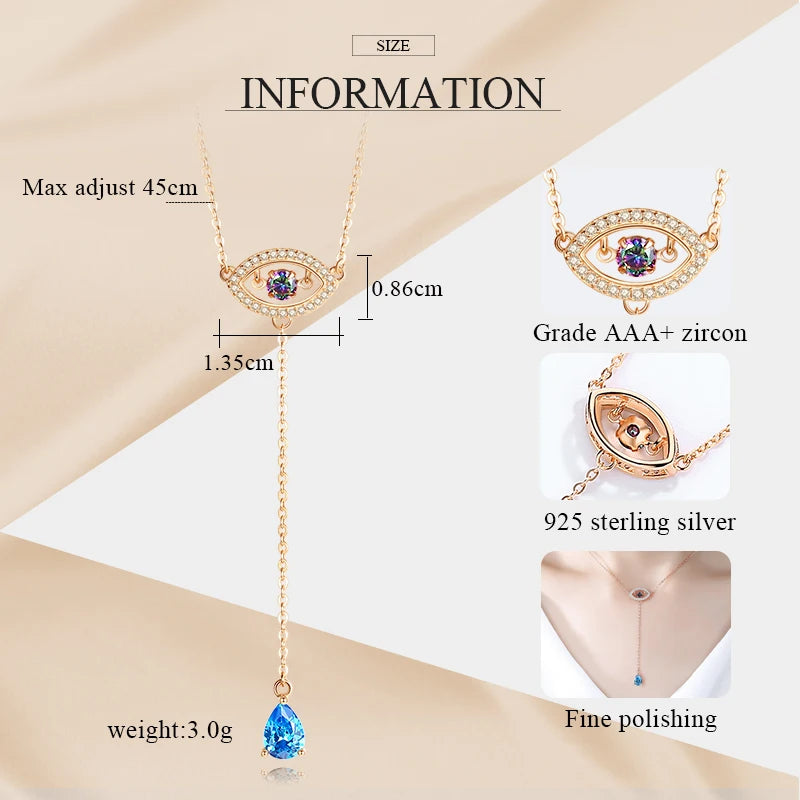 925 Sterling Silver Necklace Women Water Drop Pendant Evil Eye Necklace Blue Zircon Long Chain Turkey Jewelry