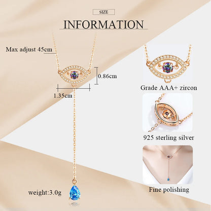 925 Sterling Silver Necklace Women Water Drop Pendant Evil Eye Necklace Blue Zircon Long Chain Turkey Jewelry