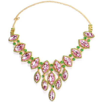 Exaggerated Geometric Pink and Green Rhinestone Necklace for Women Fashion Big Choker Necklace for Gift Drag Queen Jewelry