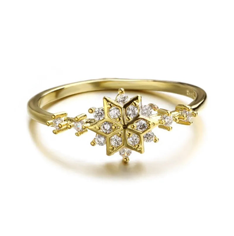 925 Sterling Silver Snowflake Ring 14k Gold Plating Simple Gold Silver color Women Engagement Wedding Ring Gift