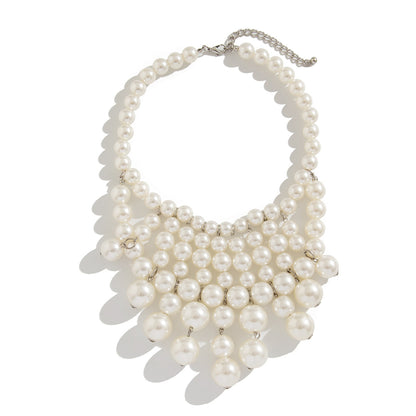 Pearl tassel necklace set with exaggerated geometric round beads and multi-layer collarbone chain