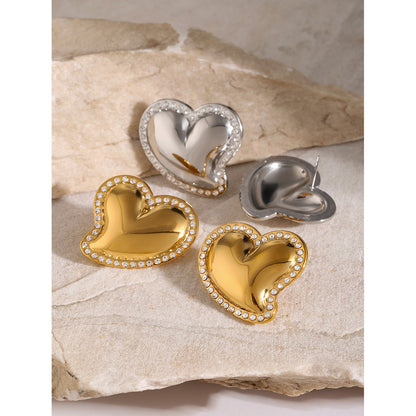 White rhinestone smooth slanted heart-shaped earrings