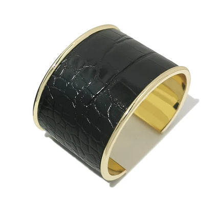 Black leather bracelet metal fashionable and versatile wide face women's bracelet