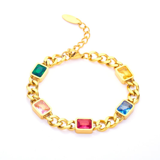 18K gold multicolored long gemstone stainless steel bracelet