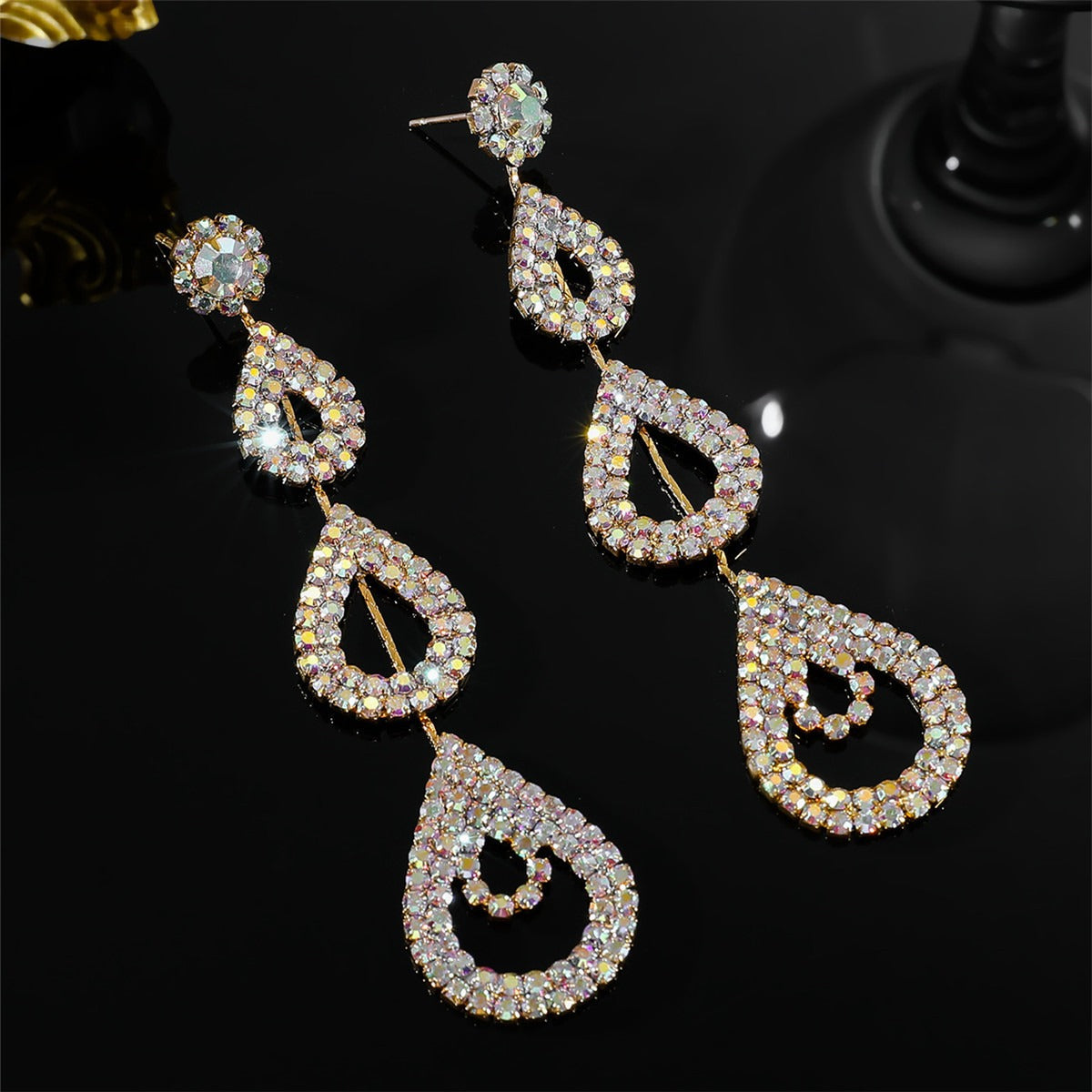 Personalized exaggerated super sparkling AB rhinestone long earrings women's drop ear jewelry