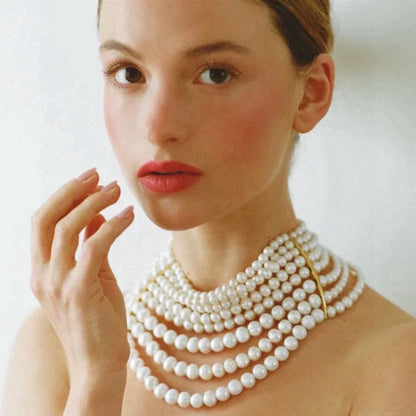 Vintage handmade multi-layer glass pearl choker exaggerated necklace