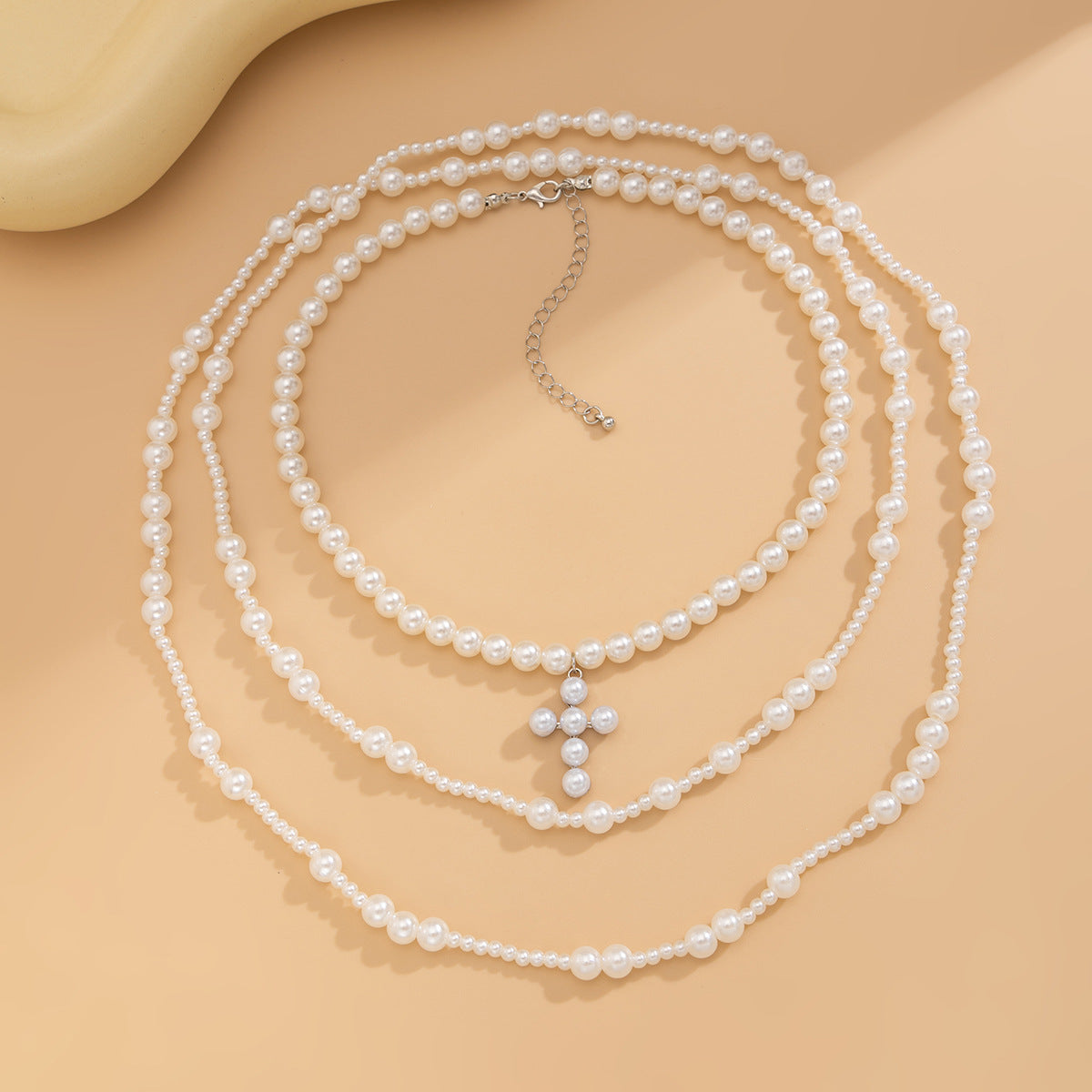 Cold wind imitation pearl tassel multi-layer necklace geometric cross pendant collarbone chain