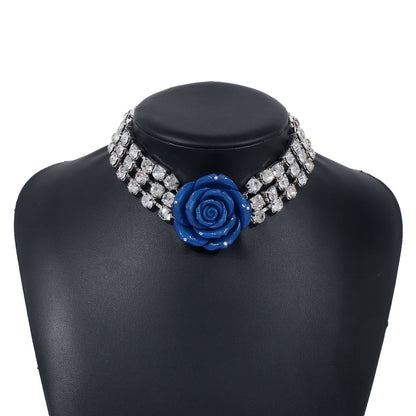 Diamond inlaid three-dimensional rose necklace with multiple rows of sparkling diamond collarbone chains