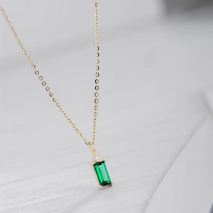 925 Sterling Silver 14K Gold Plated Emerald Green  Mini Rectangle Zircon Necklace Female Korean Style Pendant Necklace