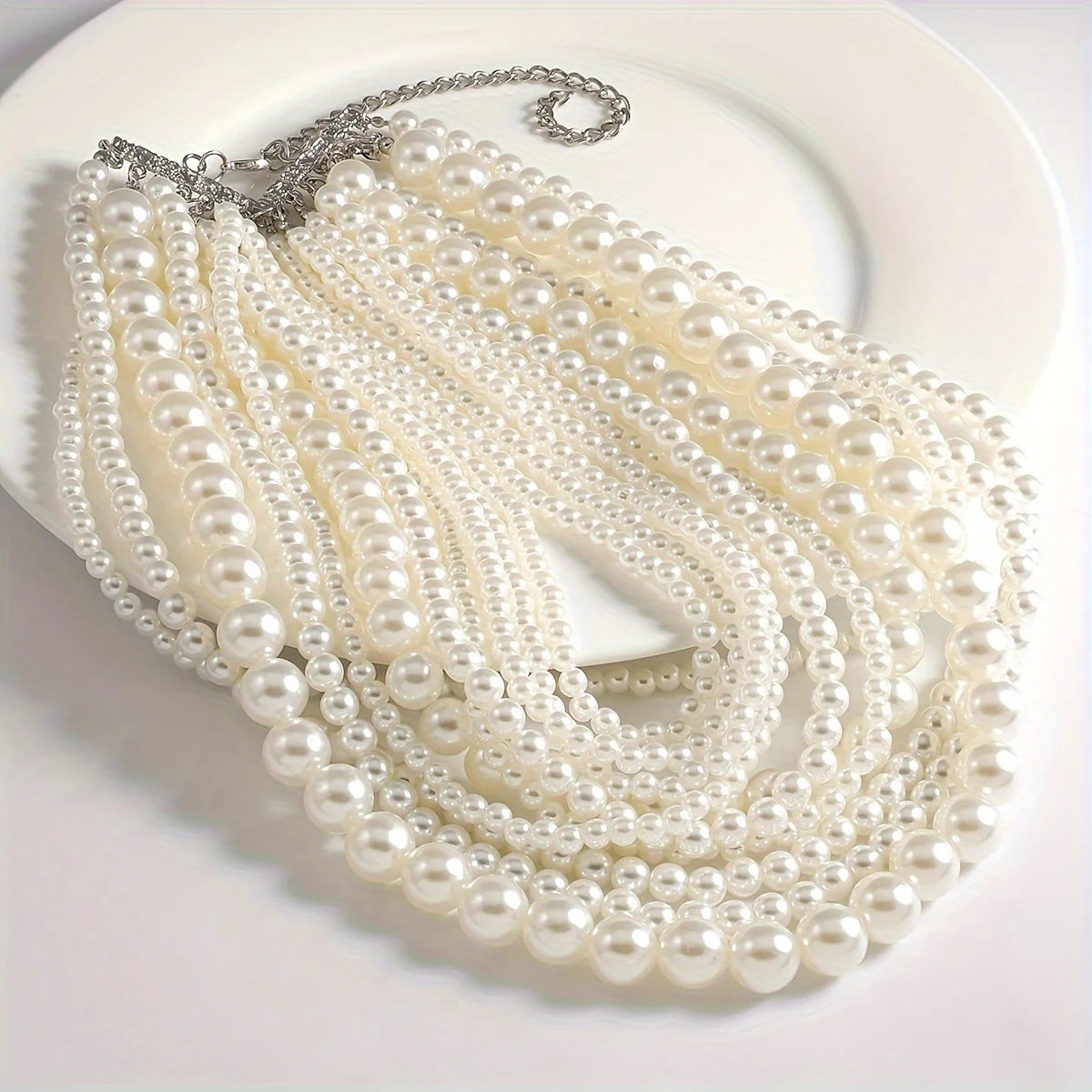 Exaggerated Elegent Multilayer Faux Pearl Crystal Necklace Women's Long Pearl Handmade Accessory