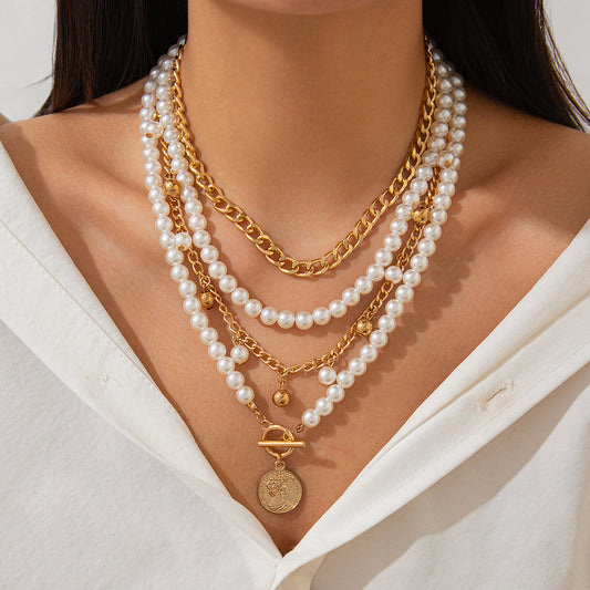 French elegant pearl bead necklace, fashionable commuting alloy multi-layer aluminum chain, collarbone chain