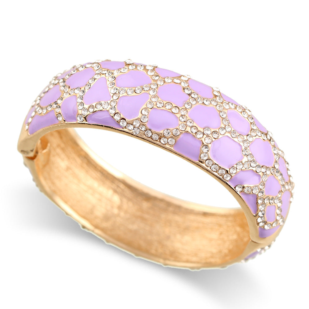 Leopard patterned enamel full diamond drop glaze fashionable alloy open bracelet in 6 colors