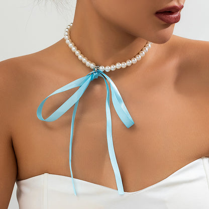 Vintage French court pearl necklace with a simple DIY velvet bow necklace