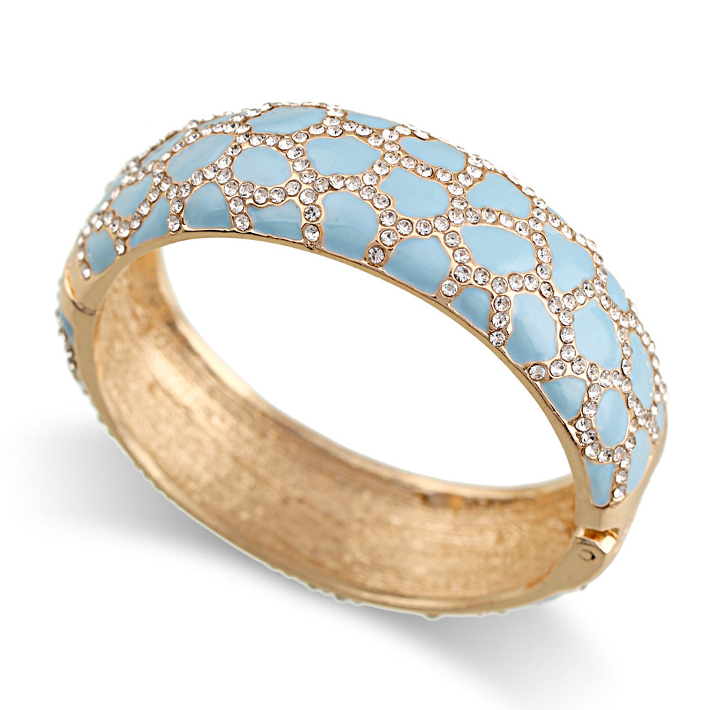 Leopard patterned enamel full diamond drop glaze fashionable alloy open bracelet in 6 colors