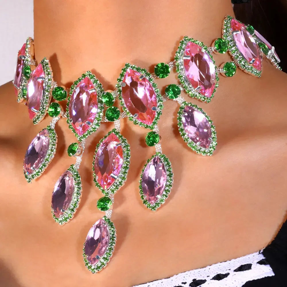 Exaggerated Geometric Pink and Green Rhinestone Necklace for Women Fashion Big Choker Necklace for Gift Drag Queen Jewelry