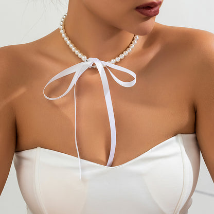 Vintage French court pearl necklace with a simple DIY velvet bow necklace